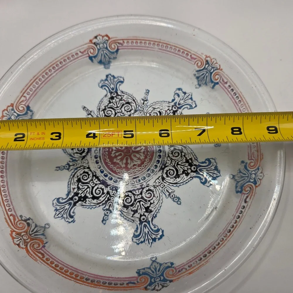Vintage Fire-King Clear Glass Medallion Plate‎ Blue Red Scroll Pattern 9 inch
